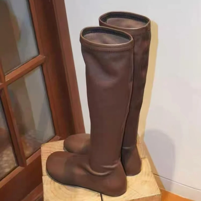 2025 New Women High Boots Flats Leather Shoes Fashion Winter Chelsea Knight's Boots Party Brand Woman Shoes Casual Botas Mujer