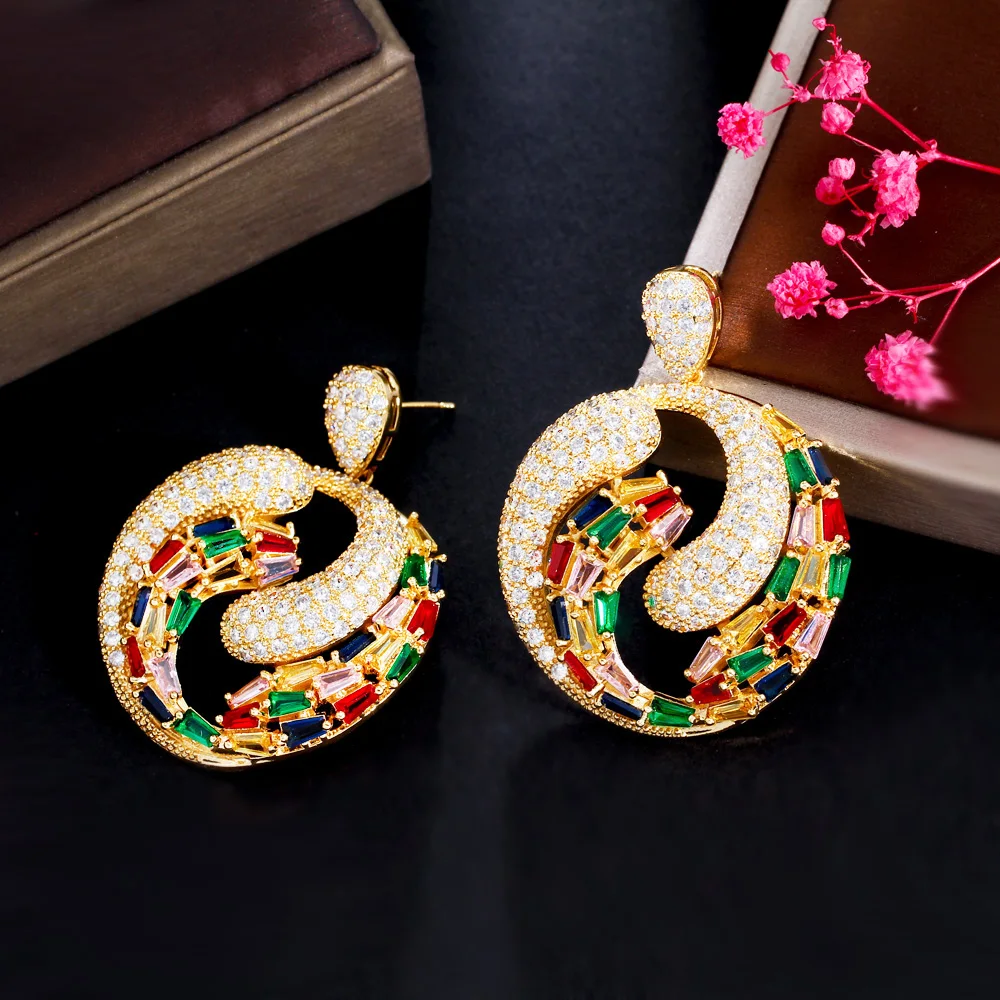 CWWZircons Glittering Multicolor Cubic Zirconia Gold Plated Statement Large Round Dangle Women Earrings for Wedding Party CZ492