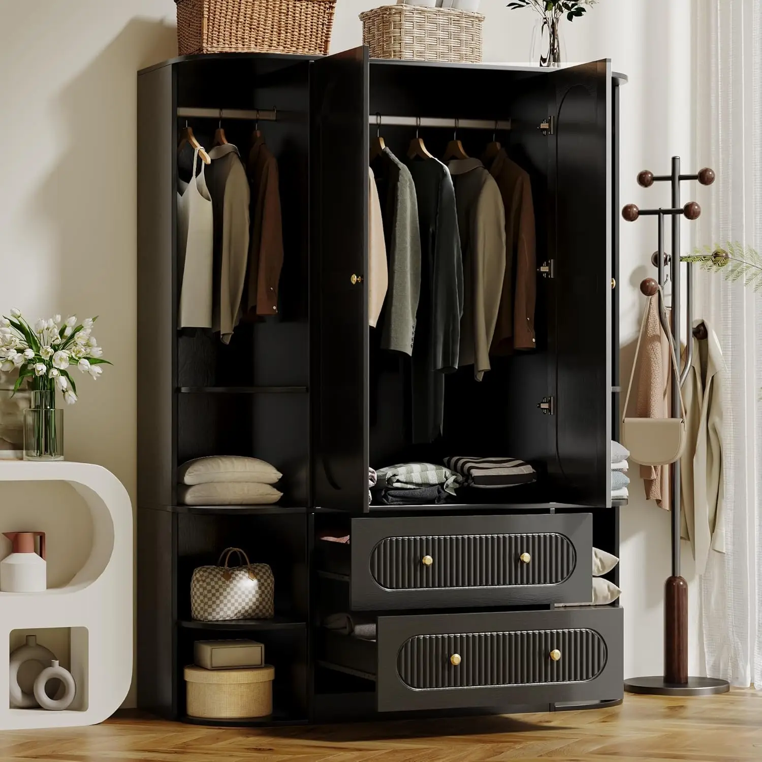 خزانة ملابس سوداء ذات سعة كبيرة مقاس 69 بوصة مع بابين و3 قضبان ودرجين و6 أرفف