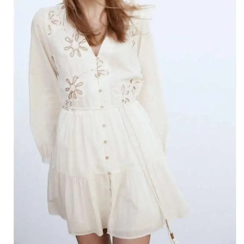 BabYoung Spring 2025 Women Ral Embroidery Mini Dress Front Button With Belt Long Sleeve V Neck Casual Dresses Summer Vestidos