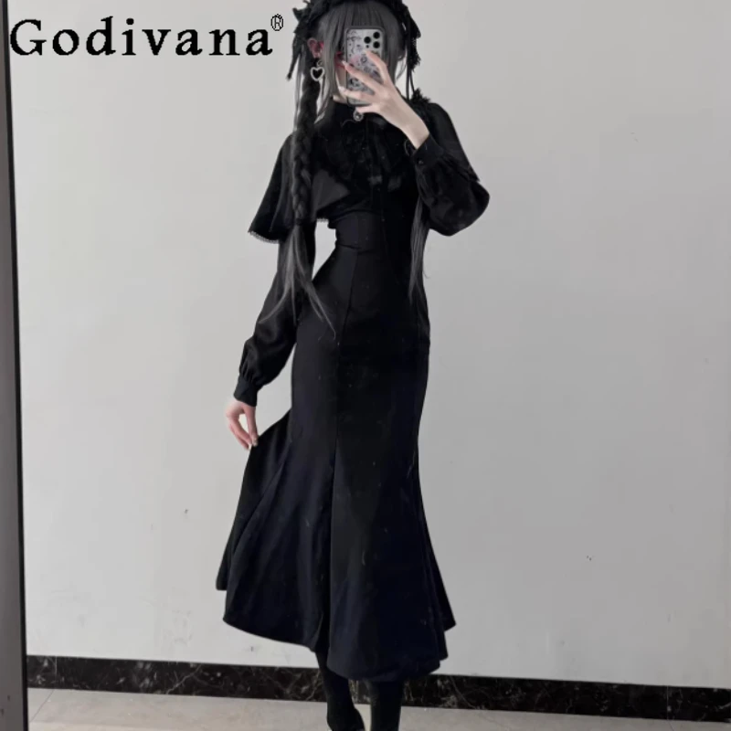 Spring Autumn Women Christmas Gothic Retro Black Cloak Dresses Fashion High Waist A-line Versatile Age Reduction Fishtail Dress