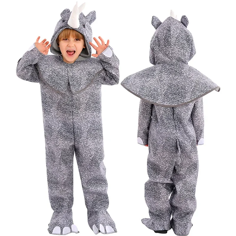 زي تنكري وحيد القرن للأولاد والبنات ، زي شخصية كرتونية ، حيوان غابة بري ، غطاء رأس ، فستان فاخر ، رمادي ، وحيد القرن ، أولاد ، بنات