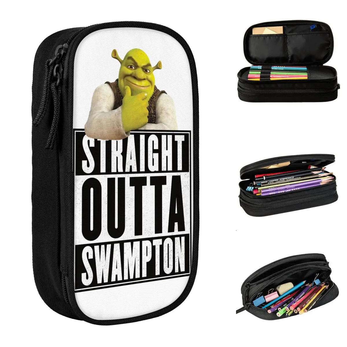 Large-capacity Pen Box Shreks Straight Outta Swampton School Supplies Funny Double Layer Pencil Case Stationery Women Makeup Bag