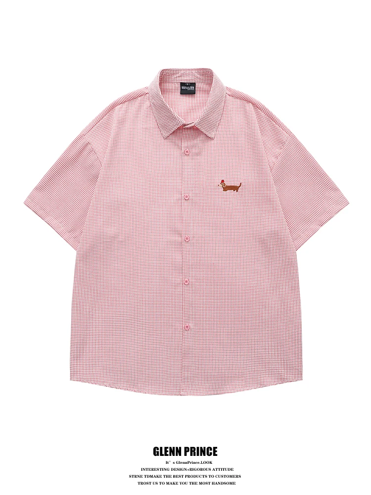 

GPstudio Red Plaid Short Sleeve Casual Shirt Men's Summer New Couple Lazy Shirt Fun Dachshund Dog Shirt Youth Trend Cotton Po...