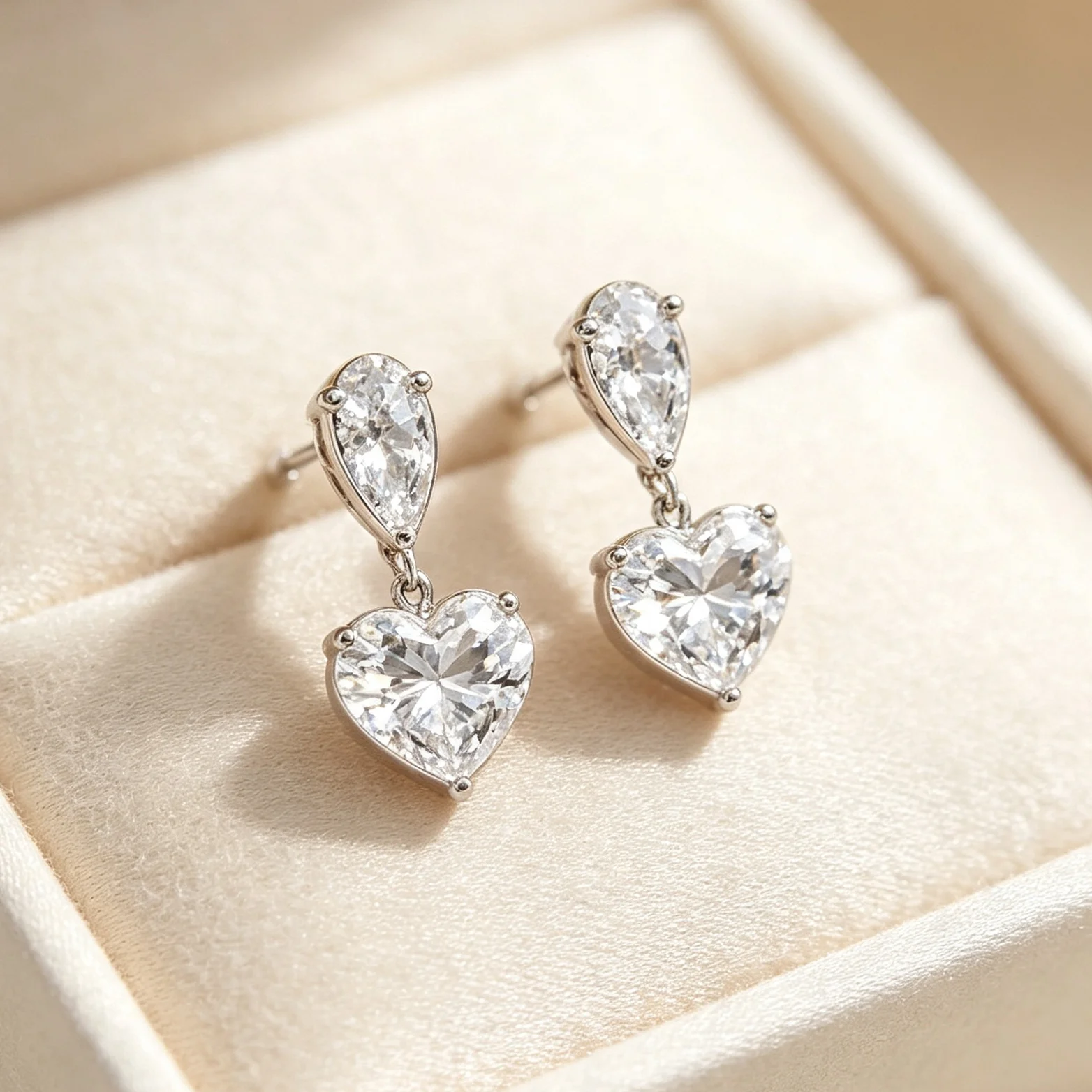 925 Silver Pear & Heart Cut Cubic Zirconia Drop Earrings, Elegant Double Stone Dangle Earrings for Women Wedding Jewelry