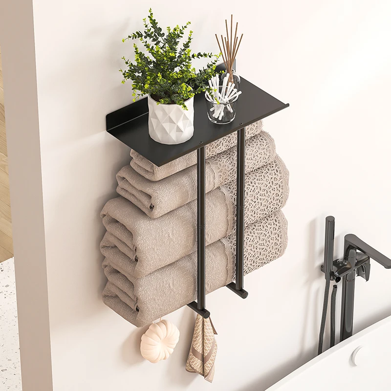 Bathroom towel rack, wall mounted metal rack with 3 hooks, roll towel storage rack, suitable for small bathrooms, black