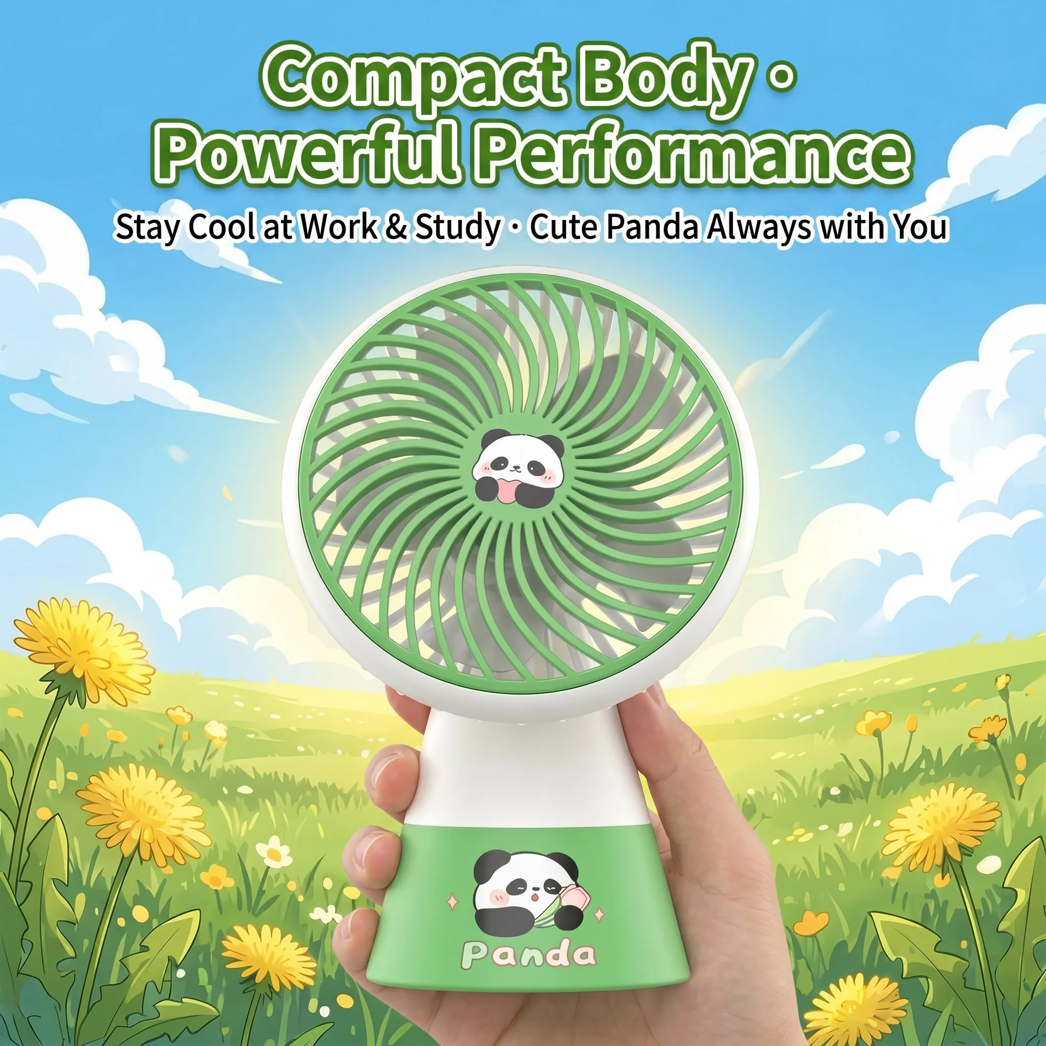 Cute Panda Pinwheel Mini Fan USB Rechargeable 90 Degree Adjustable Head Quiet 1 Speed 4 Random Blind Box Designs Desktop Fan