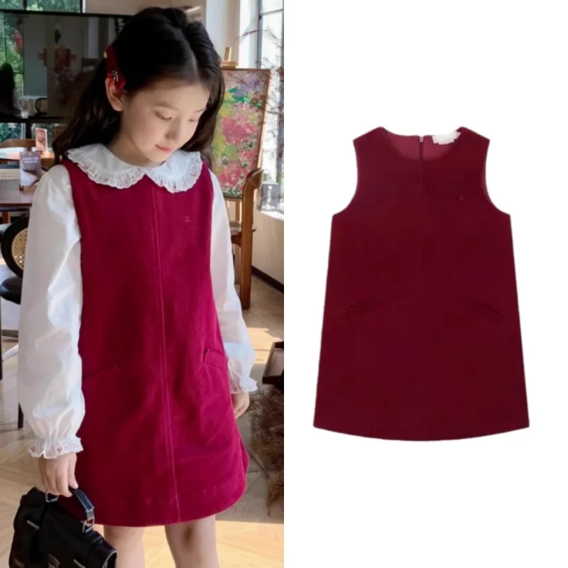 

Spot 25, осенне-зимняя французская вельветовая жилетка для девочек, красная юбка без рукавов, трапециевидная юбка с ремешком, рождественская юбка