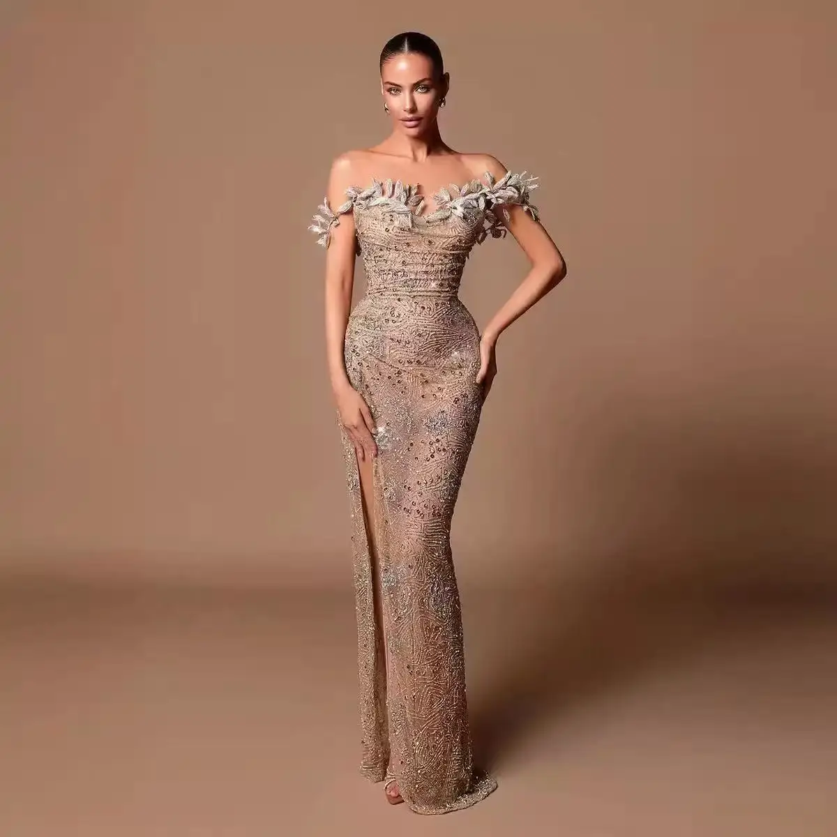 

Strapless Long Evening Dress Floor-Length Off-Shoulder Gown with Slit for Women