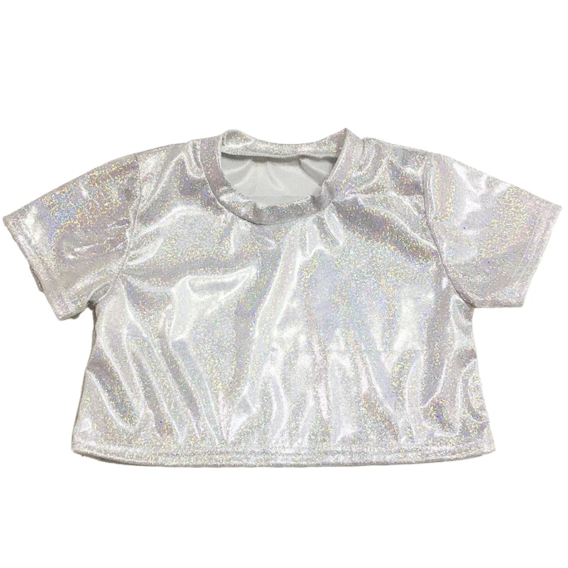 Adult Hip Hop Dance Tops Kids Girl Boy Metallic Crop Top Shiny T-shirt Short Sleeve Glitter Jazz Clothing Costume Rave Festival