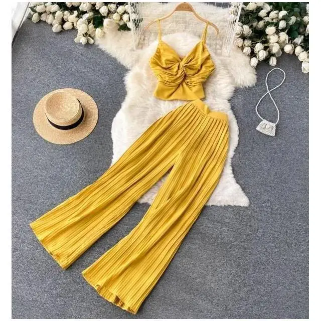 Summer Women Pleated Two Piece Set Sexy Female Criss Cross Twist Strap Tops + High Waist Draped Pants Beach Suits Vacation New