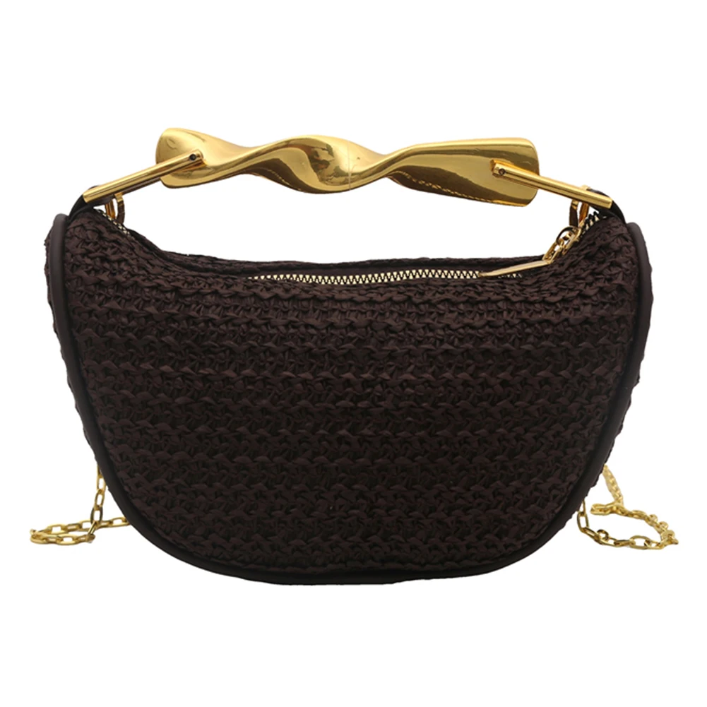 Women Elegant Knitting Sling Bag with Metal Handle Summer Beach Shoulder Bag Zipper Closure Trendy Straw Handbag Commute Bag