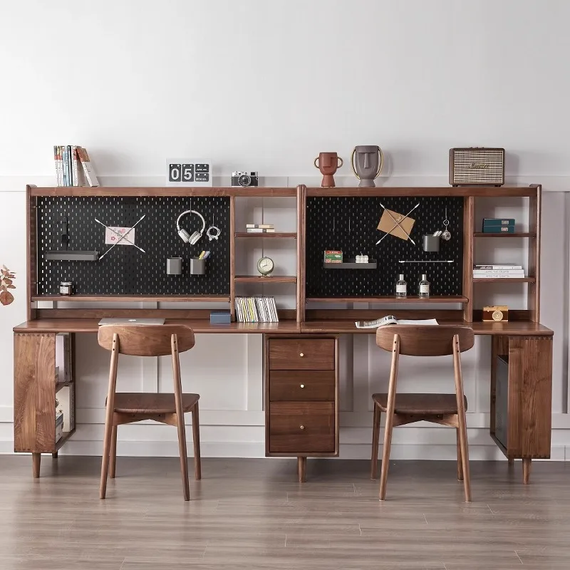 Nordic solid wood computer desk study table black walnut double desk bookshelf combination simple modern study furniture