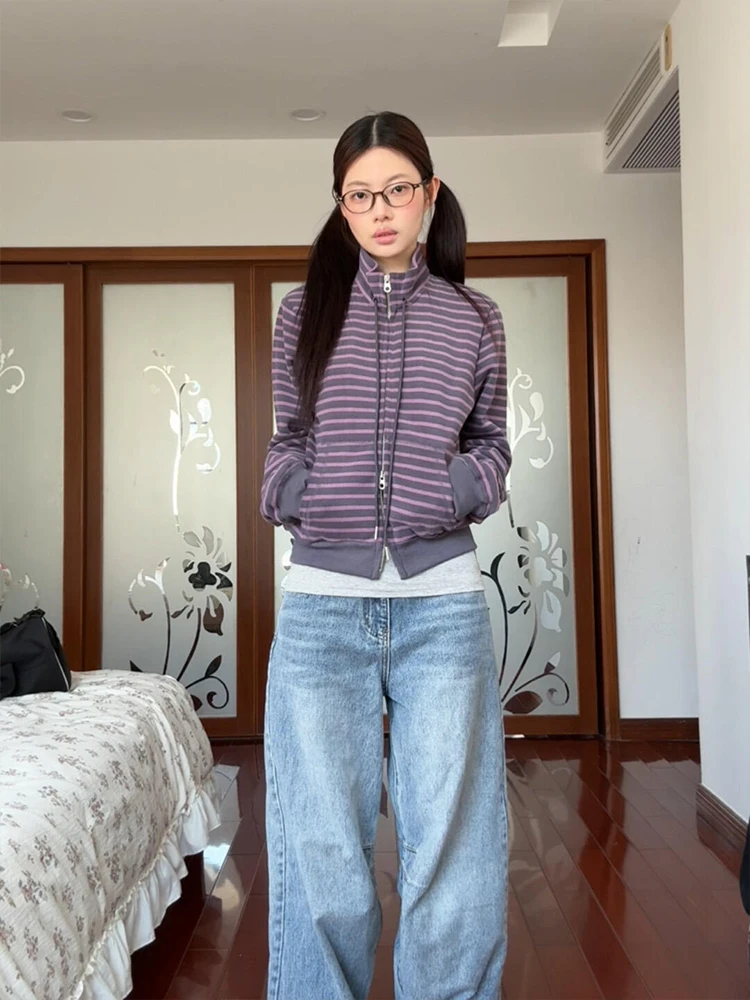 

Korean Sle Purple Striped Zipper Sweatirt Jaet Women's Spring New High-End Casual Long Sve Outerwear Top
