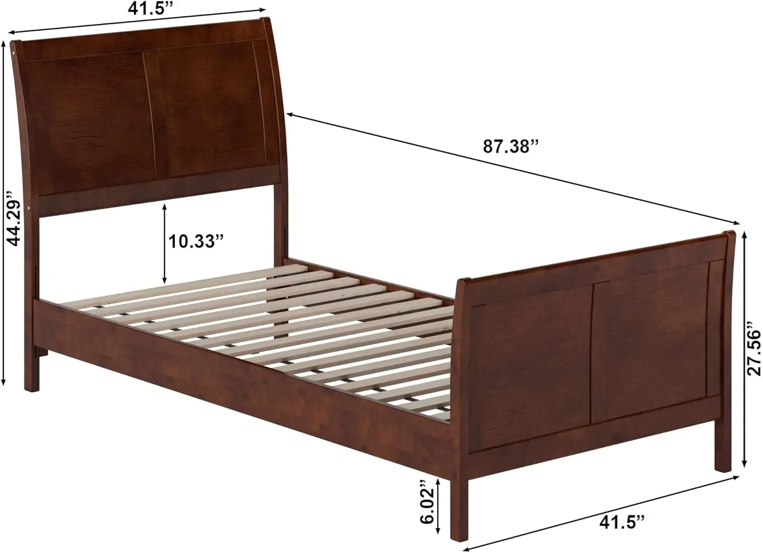 , Valencia Twin Xl Solid Wood Low Profile Sleigh Platform Bed With Matching Footboard, Walnut