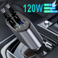 PD Car Charger 120W Quick Charger With 2 Retractable Cables Type C Fast Car Charger Voltmeter 4 in 1 Power For IPhone Huawei