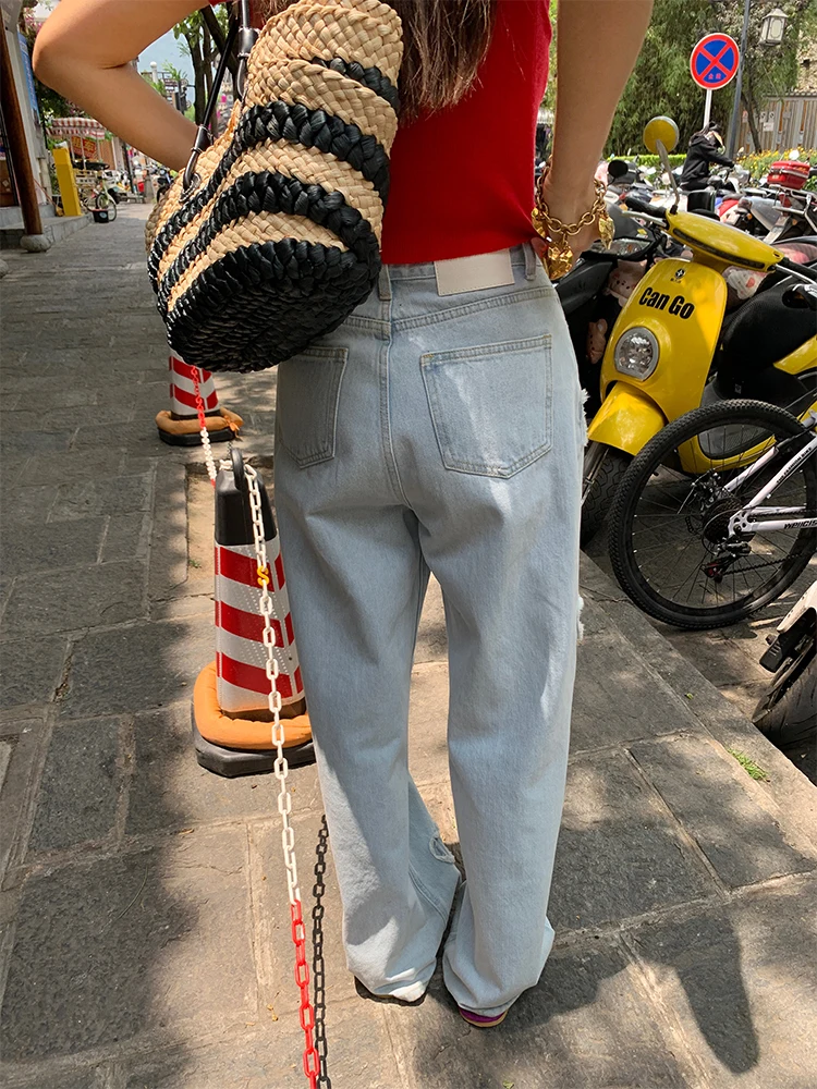 

Женские свободные прямые джинсы с высокой талией, удлиненная рваная ткань, удобные широкие брюки, мягкие повседневные брюки премиум-класса