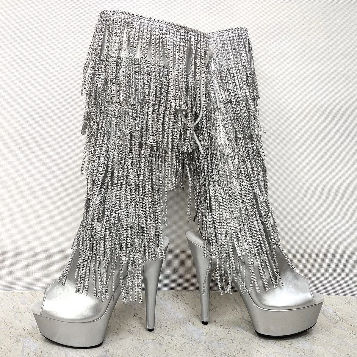 Mid-Calf Silver Exotic 6Inch Peep Toe Fringe strips Thigh High Boots Pole Dance Shoes Big Size Women Gothic Gladiator Rhinestone