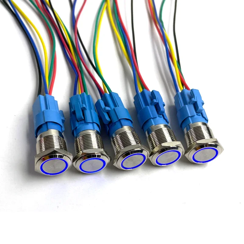 5 Stück Metall-Drucktastenschalter 12V 16mm 19mm 22mm Ringlampe Stromsymbol Wasserdicht LED-Licht Selbstverriegelnd Rücksetzbar mit Anschluss 220
