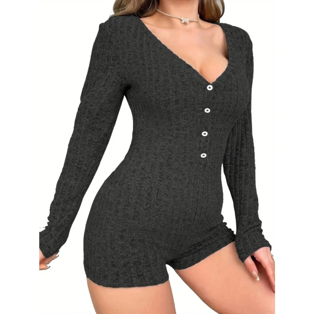 

Плюс размер 1XL-5XL, новые женские однотонные повседневные пижамы с длинными рукавами, сексуальный комбинезон, одежда для дома