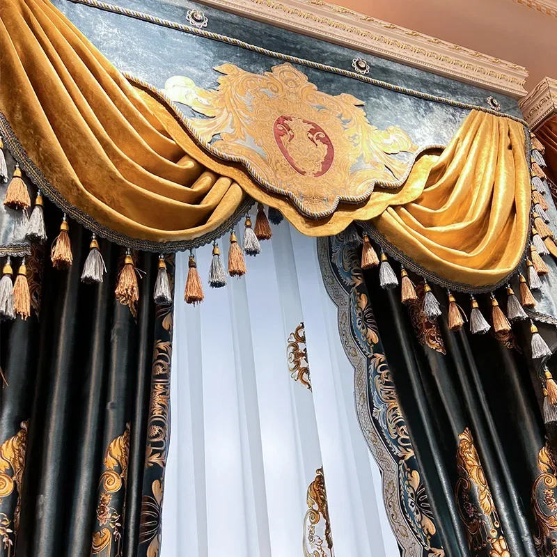 American Blue High-grade Embroidery Velvet Curtains For Living Room Balcony Window French Window Villa Custom Window Screen