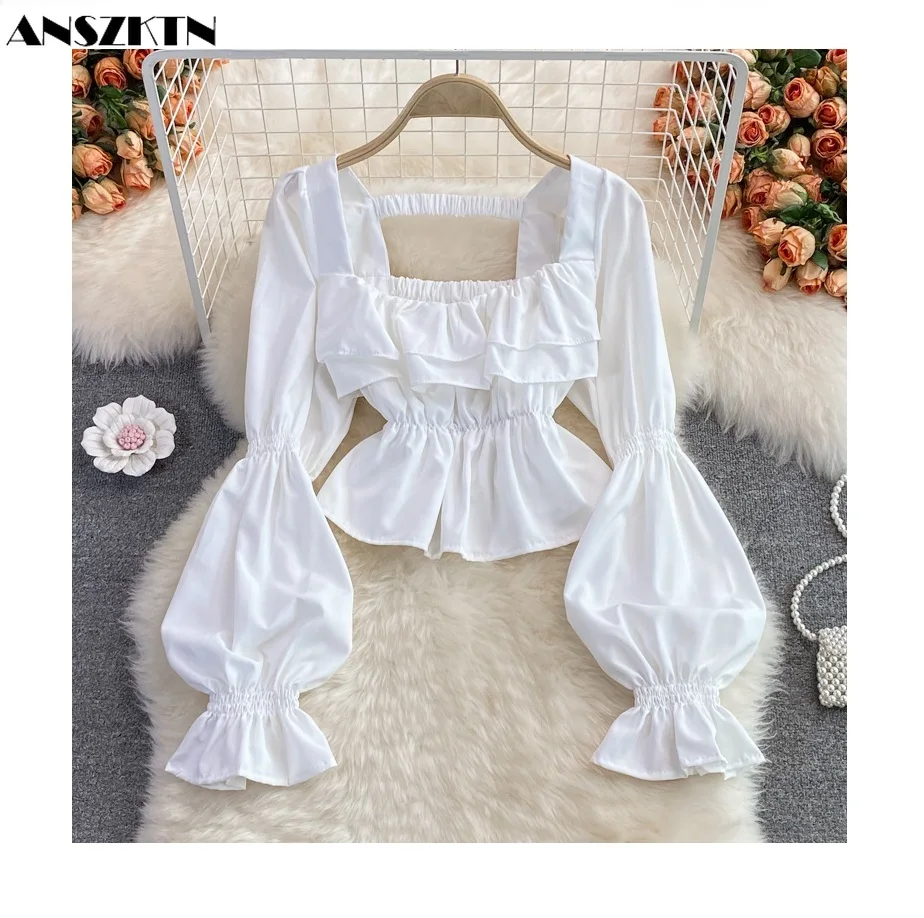 

ANSZKTN fall French Pleat puff sleeve Square Collar Waist retraction Show thin crop backless tops for women