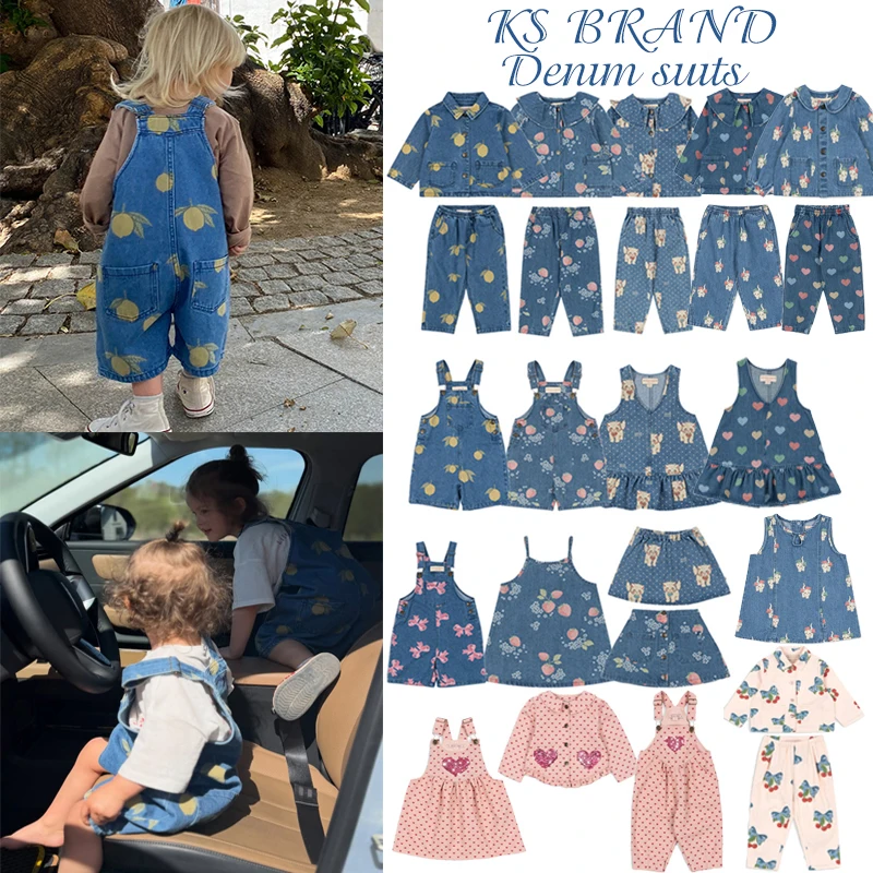 2026 KS Autumn Summer Kids Denim Clothes Set Jackets Jeans Dresses Skirt Suits Lemon Peaches Bow Print Toddler Girls Boys Causal
