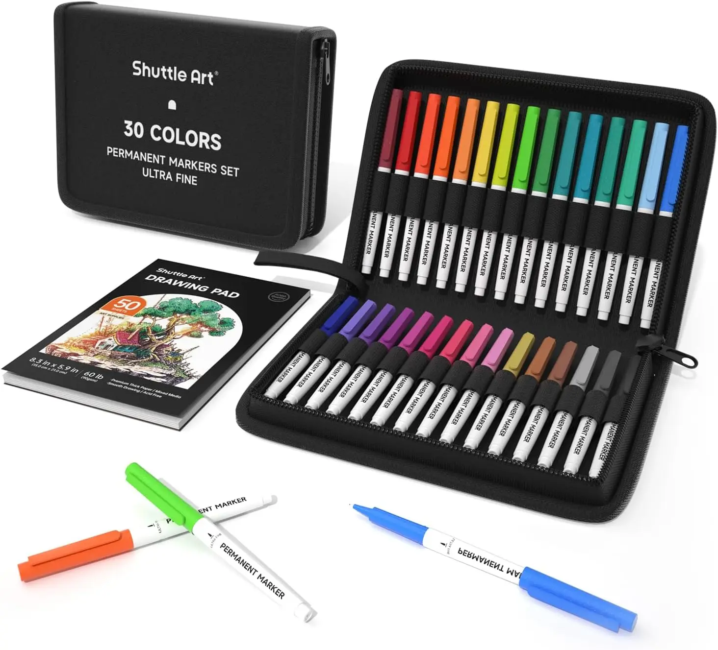 30 Assorted Colors Ultra Fine Point Permanent Markers in Travel Case for Doodling on Plastic, Glass, Paper