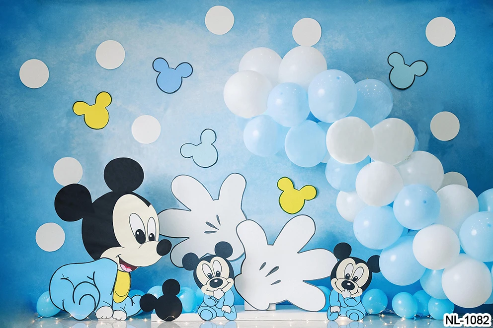 Blue Mickey Mouse Backdrop for Boy First Birthday Party Decoration Photo Studio White Dots Baby Shower Photgraphy Background