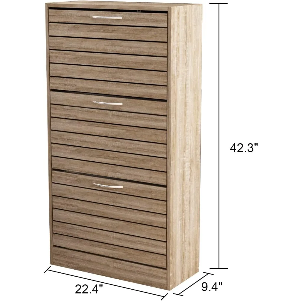 3-Drawer Shoe Storage Cabinet with Louver Doors, 3-Tier Wood Shoe Rack Storage Organizer for Entryway, Brown (22.4”L x 9.