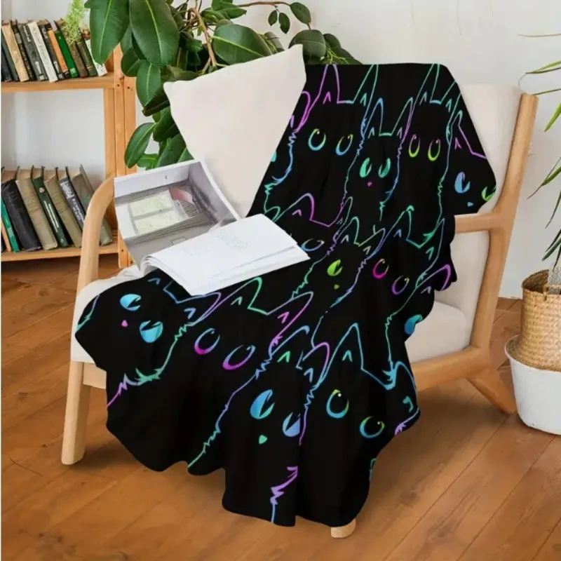 بطانية فيكاما كارتونية سوداء على شكل قطة من الفلانيل، مناسبة للمكتب والديكور المنزلي والأسرة والأرائك والسيارات وبطانيات القيلولة