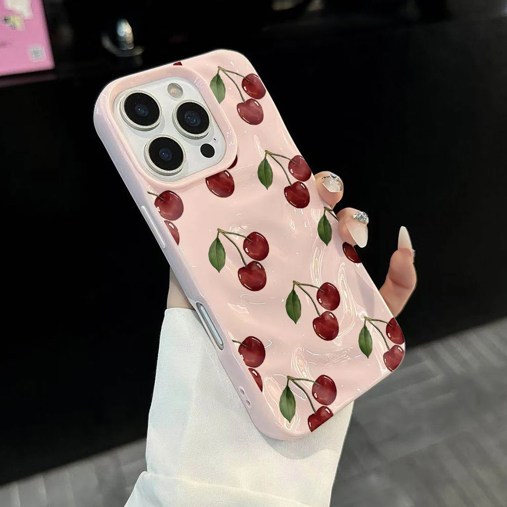 Koreanische Kirsch-Design Handyhülle aus Weichem Silikon für iPhone 17 16 15 14 13 12 11 Pro Max 14 Plus 17Air Falten-Wellen-Abdeckung – Detail 3