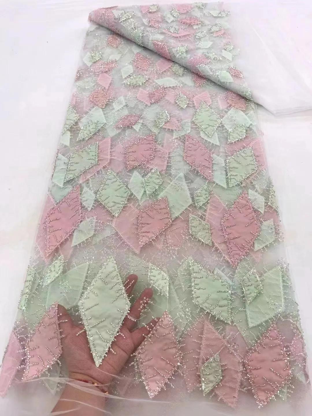 Luxury African Heavy Beaded Embroidery High Quality Nigerian Sequins With Pearl Lace French Tulle Fabric For Party Sewing