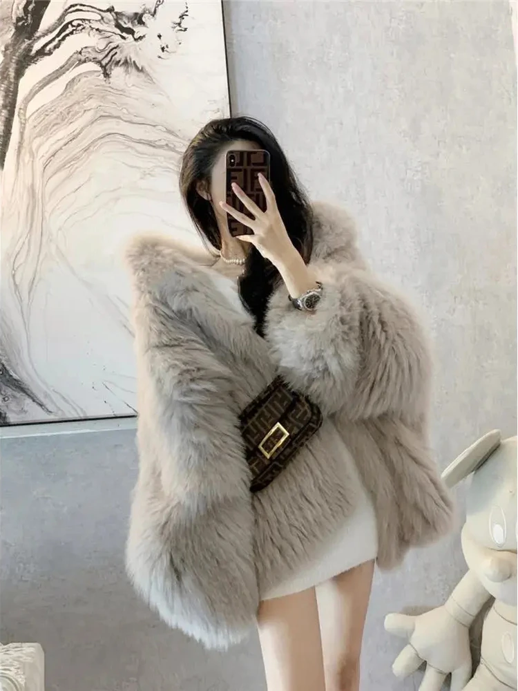 Hooded Winter Faux Fox Fur Coats Korean Fashion Furry Jacket Warm Thick Luxury Plush Casaco Loose Casual Women New Chaquetas