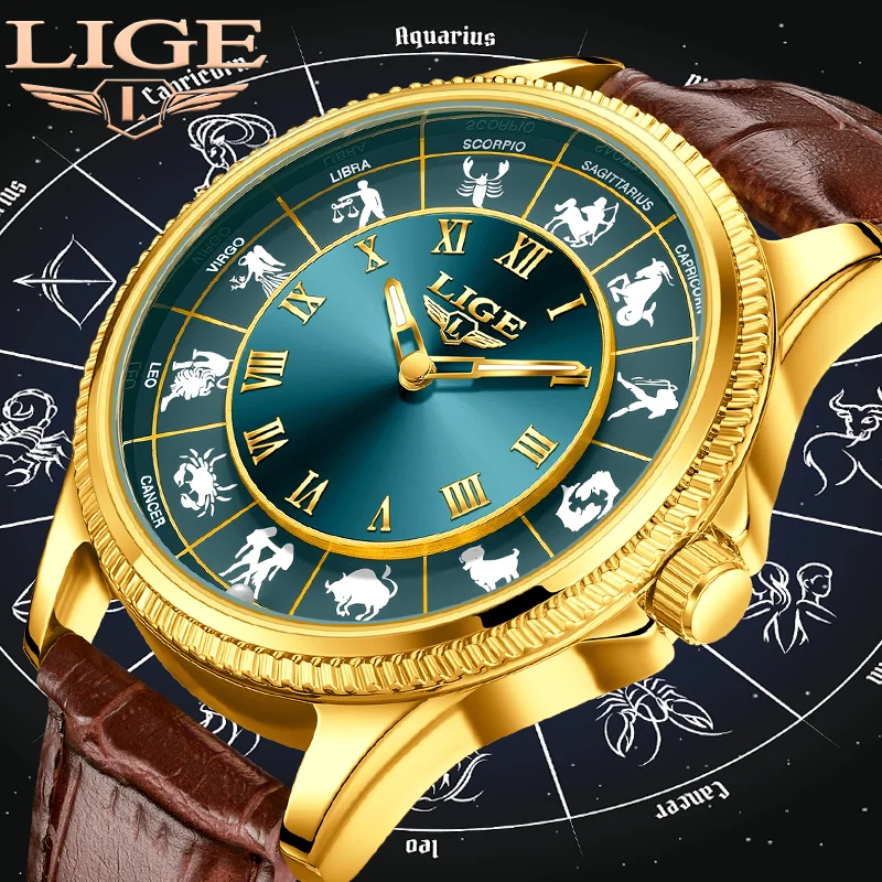 LIGE New Gold Men Watches Creative Men's Luxury Watch 30M Waterproof Luminous Constellation Quartz Wristwatches Reloj Hombre