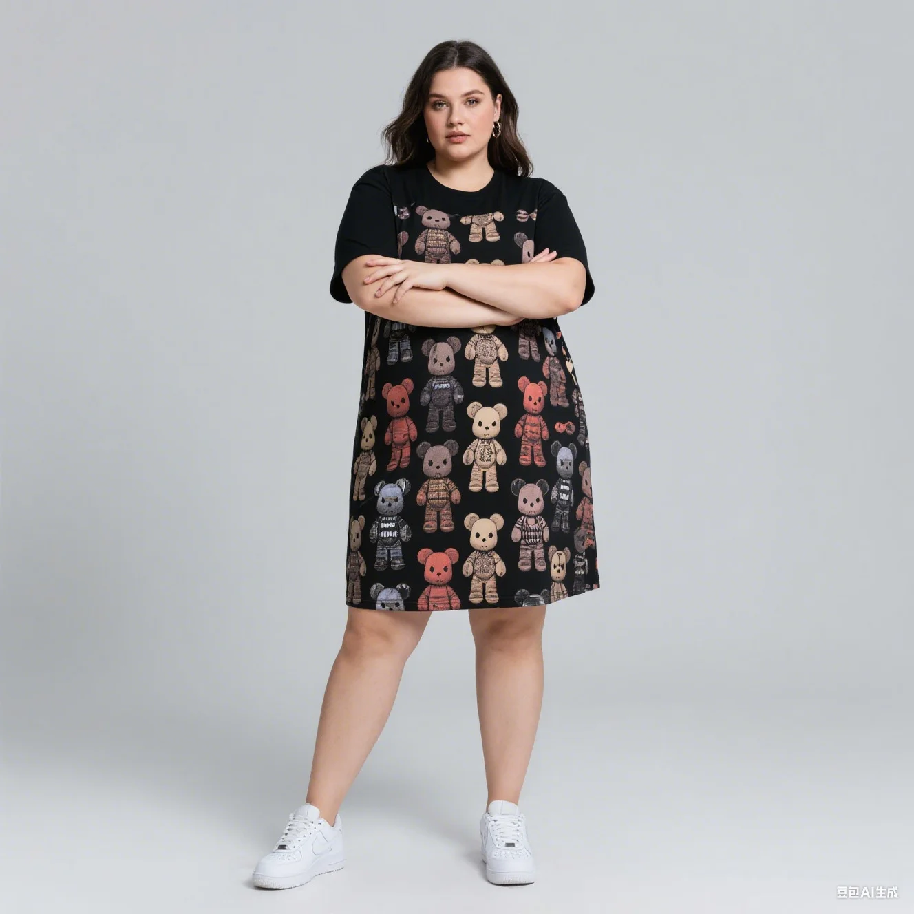 2025 Vestido de manga corta de talla grande para mujer con licencia de Disney, moda informal, muñeca de estilo, estampado de oso de peluche