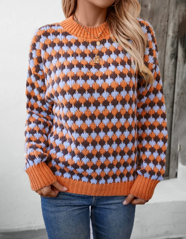 Retro Loose Contrasting Striped Long Sleeved Knitted Sweater Top for Women