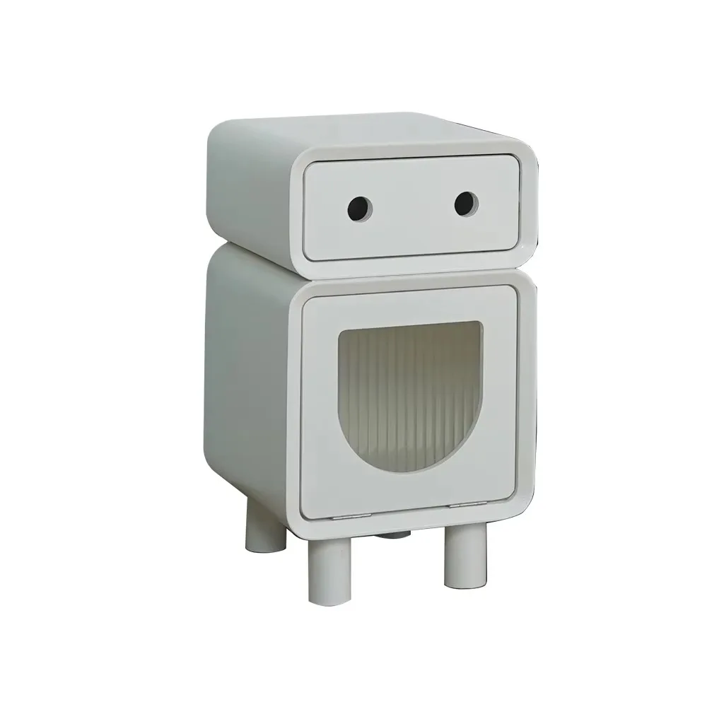 크림 로봇 침대 옆 테이블 – 서랍과 수납장이 있는 귀여운 침대 옆 탁자, 어린이 방을 위한 둥근 모서리