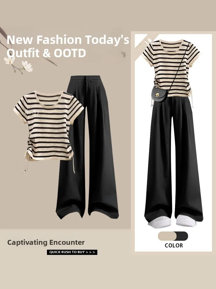 

Korean Sweet Spicy Color Block Striped Pleated Waist Knitted Short Sleeve T-Shirt with Casual Wide Leg Pants Two Piece Set