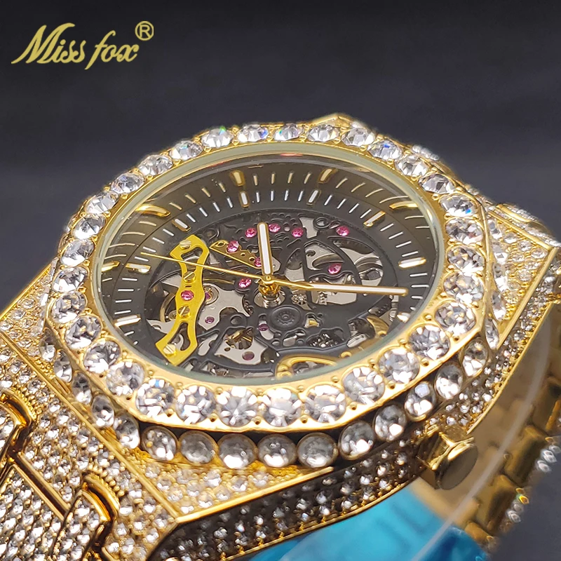 Mechanical Watch For Men Shiny Diamond Luxury Tourbillon Skeleton Watches Men\'s Hip Hop Street Trendty Automatic Reloj Wholesale