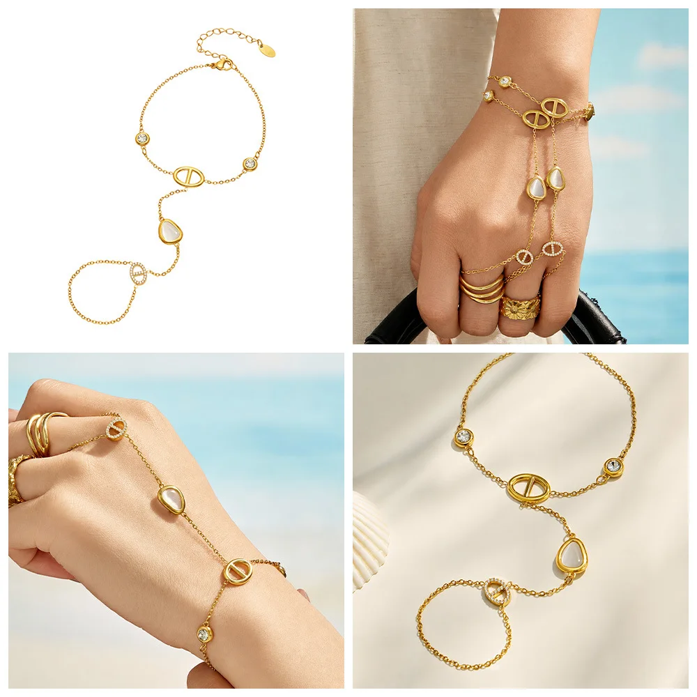 Zierliches Handkettenarmband für Damen, Edelstahl-Handkettenarmbänder, 18k vergoldetes Armband, rundes Zirkon-Charm-Armband – Detail 1
