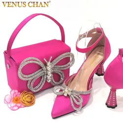 2023 Ladies Pointed-Toe Party High Heels Magenta Colour Bow Rhinestone Stereo Bag Evening  African Wedding Shoe And Bag Set