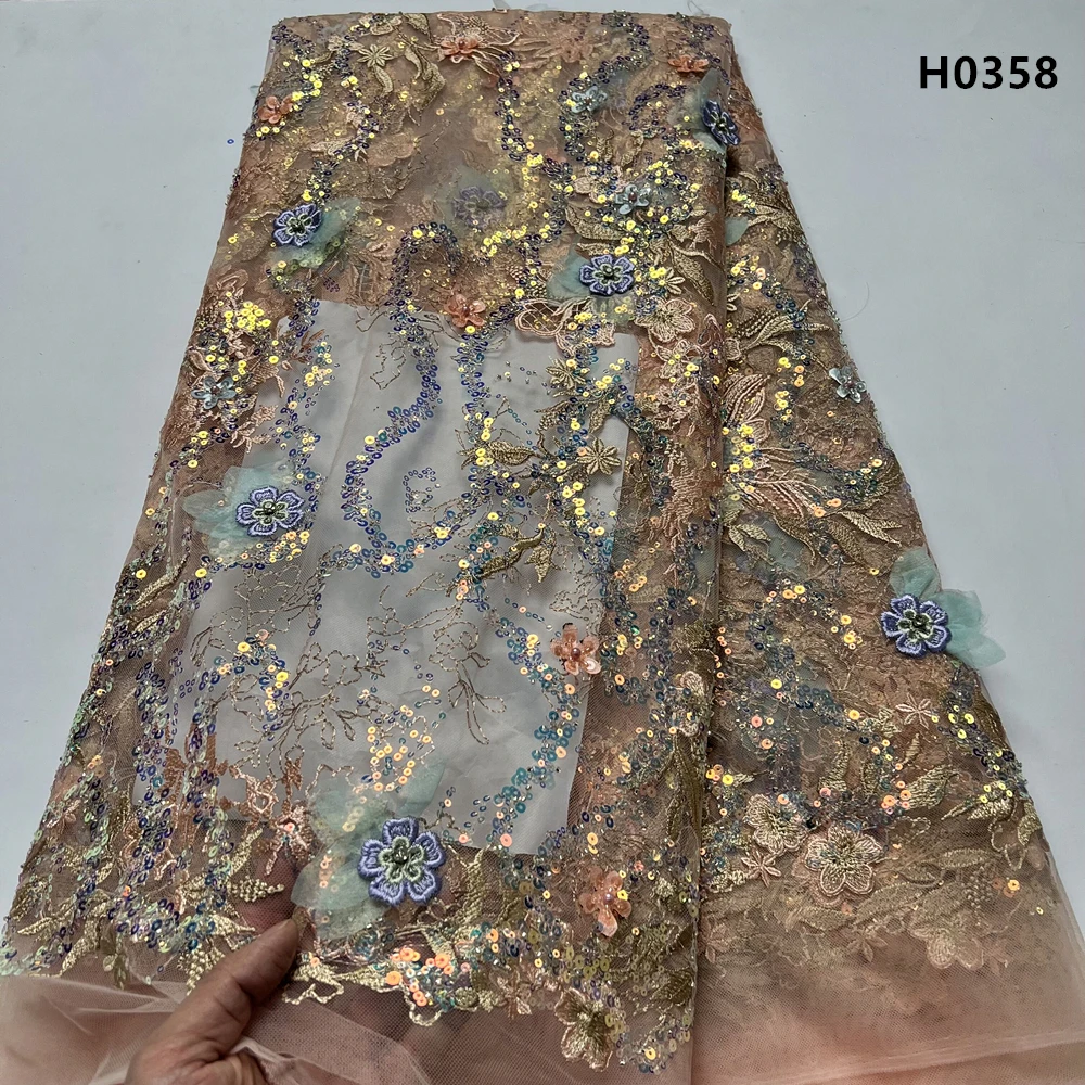 

Африканский нигерийский тюль, кружевная ткань, вышивка бисером и блестками, гипюр, французское свадебное платье, высокое качество, 5 ярдов, 2025 г.