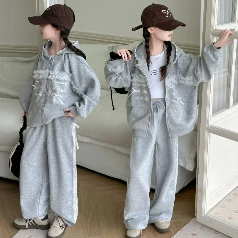 Girl's Coat Sets Kids Sweet Suit Spring New Sports Outfit Children Bow tie Top Trousers Two Piece Autumn Fashion Clothes