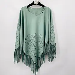 Womens Suede Round Neck Tassel Shawl Cape Flower Hollowed Scarf