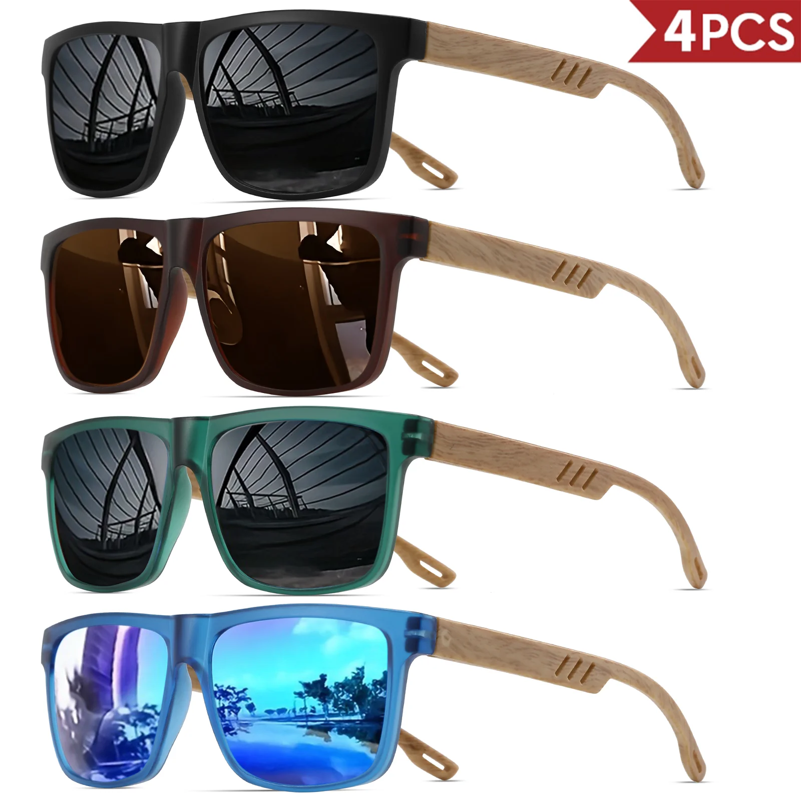 4 stuks houtnerf veerscharnier zonnebril - klassiek retro vierkant frame, UV400 unisex comfort geschikt voor dagelijkse vrijetijdskleding