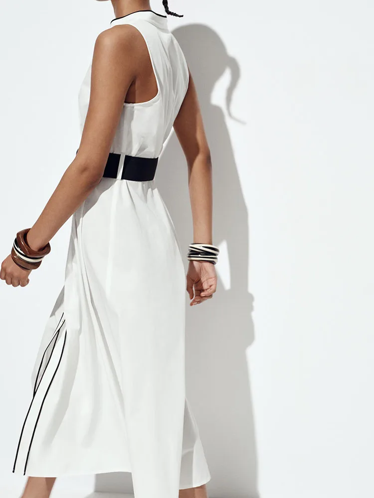 

Summer New Arrival Women's Midi Dr round Ne Svel Color Blo Trim Silk Gown High Waist Long Skirt for Par