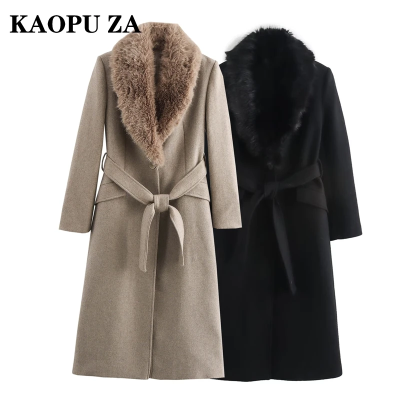 KAOPU ZA 2024 Winter Female Commuting Long Sleeve Tweed Overcoat Jacket Party Autumn Woman Faux collar Outerwear Keep warm Top