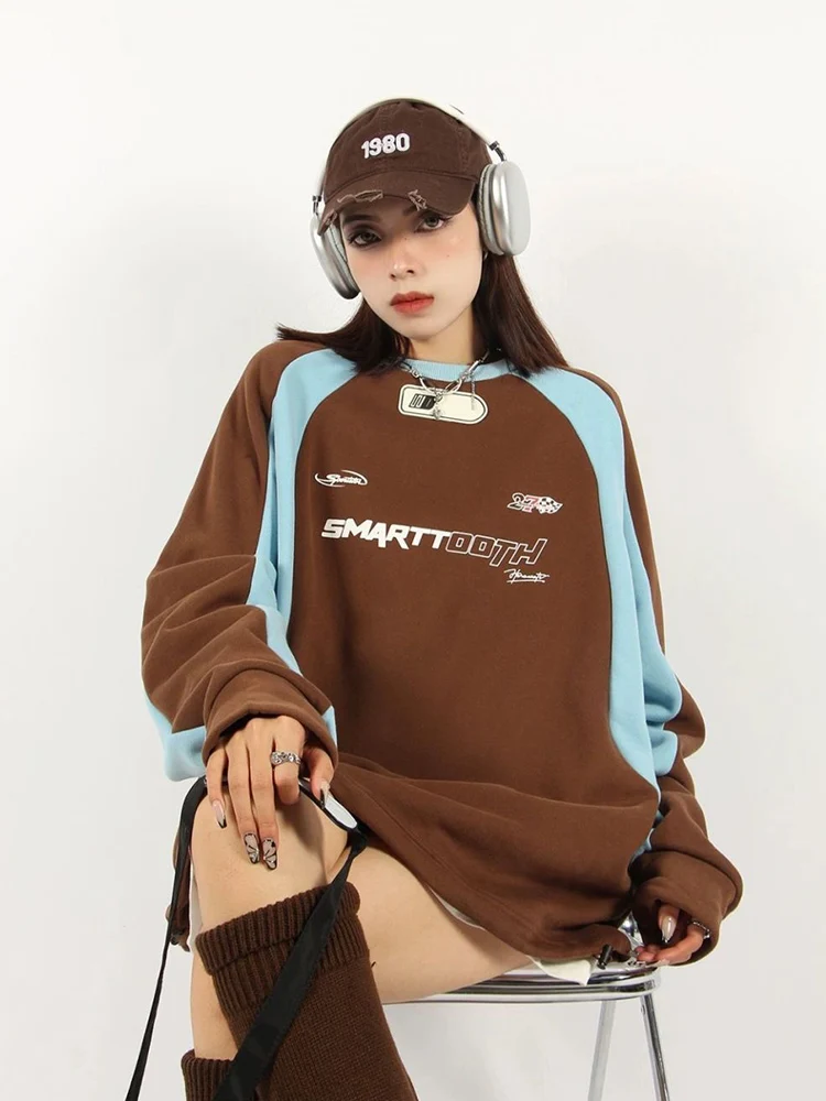 Jmprs Streetwear Vintage Y2K Sweatshirt Women Harajuku Patchwork Oversize Top American Retro Letter Long Sleeve Bf Casual Tops