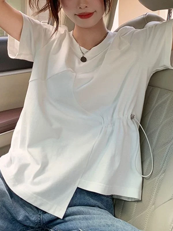 

Женская футболка больших размеров с асимметричным вырезом и коротким рукавом, свободного кроя, скрывающая недостатки фигуры, летняя, модная, в корейском стиле